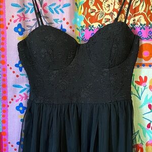 Elegant Polyester Blend Black Midi Dress With Floral Bodice Size Juniors Small